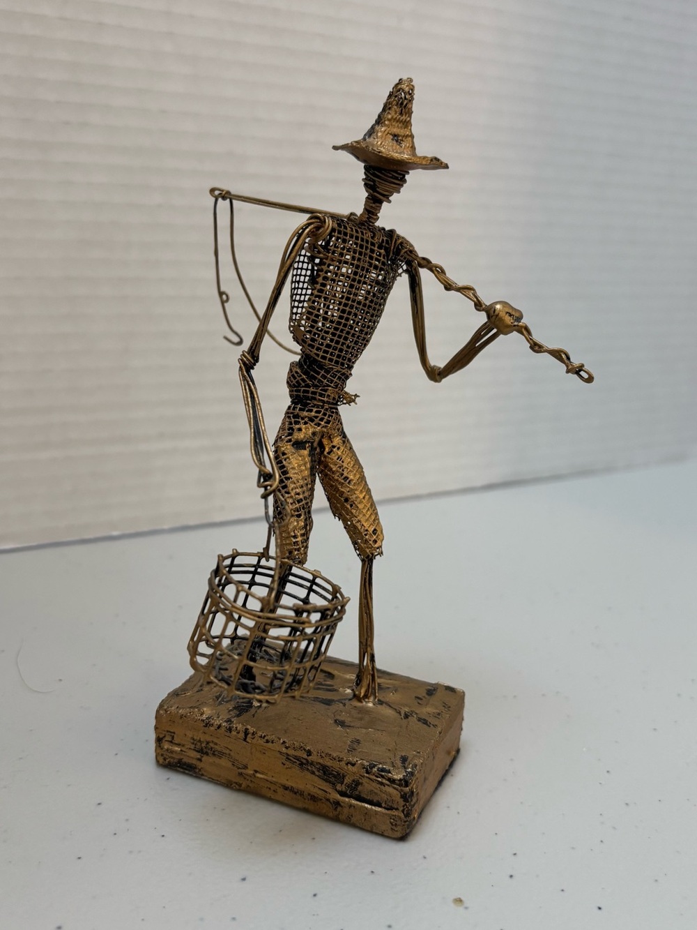 Vintage Wire Mesh Fisherman Figurine Metal Sculpture with Fishing Rod & Basket